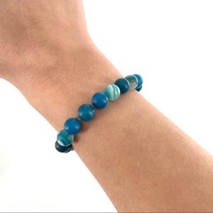 Banded Blue Agate Stone Crystal Bracelet on Elastic String Casual Boho
